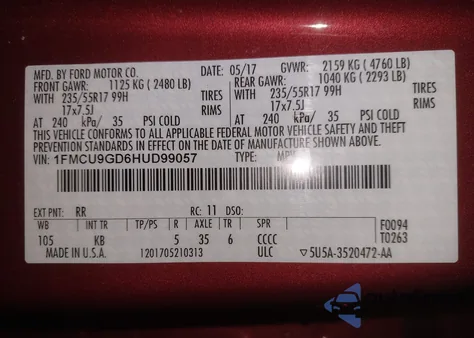 2017 Ford Escape Se from USA, damaged, VIN 1FMCU9GD6HUD99057